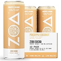 ZOA Zero Sugar Energy Drinks, Pineapple Coconut - Sugar Free with Electrolytes, Healthy Vitamin C, Amino Acids, Essential B-Vitamins, and Caffeine from Green Tea - 12 Fl Oz (12-Pack)