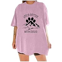 Dog Paw Print T Shirts for Women Fashion Funny Letter Pullover Tops Loose Fit Short Sleeve Casual Dressy Blouses