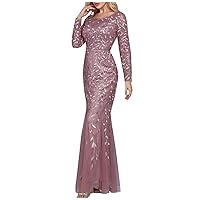 Women's Luxy Prom Evening Dress Long Sleeve Sequined Mesh Mermaid Party Round Neck Evening Dress