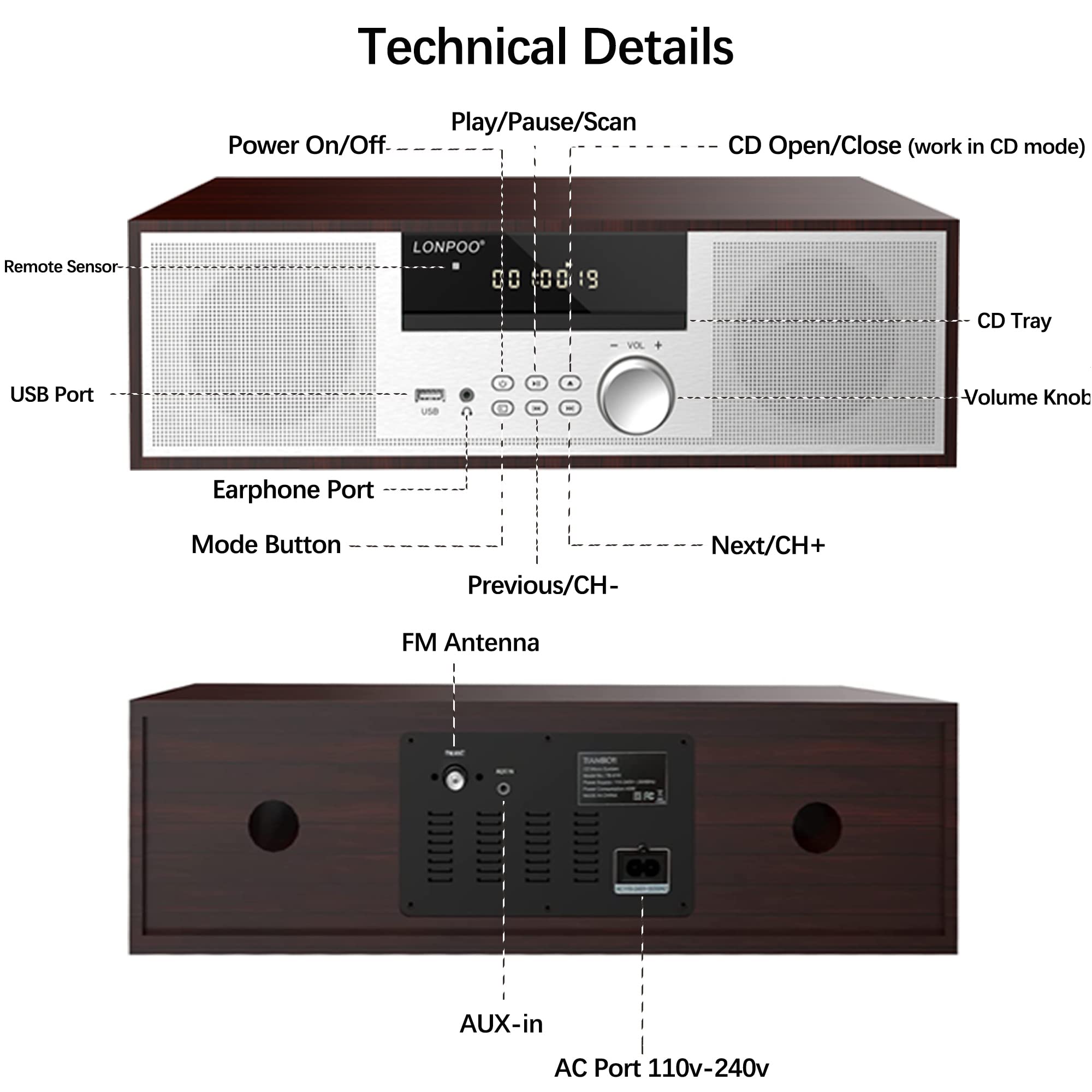 Nostalgic Home Stereo System, Vintage Micro Component 40W RMS CD Player & Wireless Bluetooth Audio Streaming,FM Radio,USB Playback,Aux-in & Earphone Port