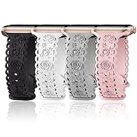 4 Pack Embossed Floral Silicone Band Compatible with Apple Watch Bands 40mm 44mm 41mm 45mm 49mm 38mm 42mm Women,Engraved Rose Sport Strap for iWatch Series 9 8 7 6 5 4 3 2 1 Ultra SE