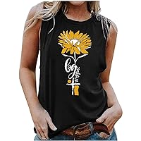 Womens Sunflower Floral Print Tank Tops Cute Sleeveless Scoop Neck Loose Fit Casual T Shirts Summer Graphic Tees