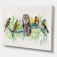 Owl On A Branch With Bird Friends Traditional Canvas Wall Art Green 32x24