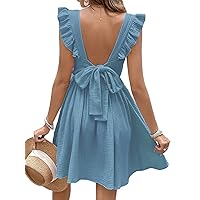 CUPSHE Women's Mini Dress V Neck Flutter Sleeve Cotton Self Tie Back A Line Short Summer Cover Up Dress