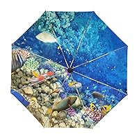 My Daily Sea Fish and Coral Travel Auto Open/Close Umbrella with Anti-UV Windproof Lightweight
