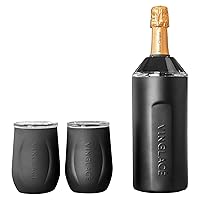Vinglacé Wine Bottle Chiller Gift Set- Portable Stainless Steel Wine Cooler with 2 Stemless Wine Glasses, Black