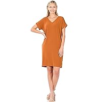 Zenana Rolled Short Sleeve V-Neck Dress Almond S