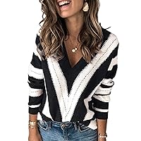 PRETTYGARDEN Womens V Neck Stripe Color Block Loose Oversized Pullover Sweater