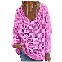 Sweaters for Women Wide V Neck Long Sleeve Hollow Out Cable Knit Oversized Pullover Sweater Tops Hot Pink
