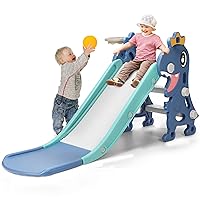 Toddler Slide for Age 1-3 Baby Indoor Outdoor Playset Plastic Foldable Slides for Kids Backyard Climber Set with Stairs Basketball Hoop and Ball for Boys and Girls (Blue)