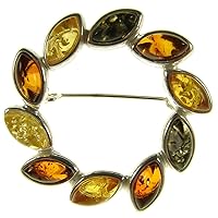 BALTIC AMBER AND STERLING SILVER 925 DESIGNER MULTI-COLOURED FLOWER LEAF BROOCH PIN JEWELLERY JEWELRY