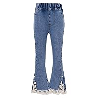 Kids Girls Flared Jeans Juniors Elastic Waist Floral Lace Trim Denim Pants Bell Bottms Slim Fit Leggings Trousers
