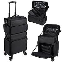 Professional Rolling Makeup Case, Soft Sided Make up Train Case, Travel Organizer Portable with Wheel for Makeup Artist Cosmetology Nail Technician Hair Stylist Supplies, 2 In 1 Nylon Black
