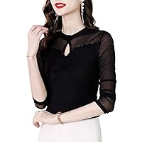 Mesh Tops for Women, Fashion Crewneck Semi Sheer Long Sleeve Beaded Hollow Out Stretchy Blouses Elegant Work Shirts