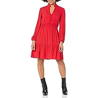 London Times Women's Stand Collar Tiered Dress with Smocking and Ruffle Details