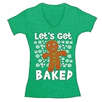 Women's Let's Get Baked Gingerbread Ugly Christmas V-Neck Short Sleeve T-Shirt