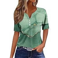 Summer Tops for Women 2024 T Shirt Tee Print Button Short Sleeve Daily Basic V- Neck Regular Top