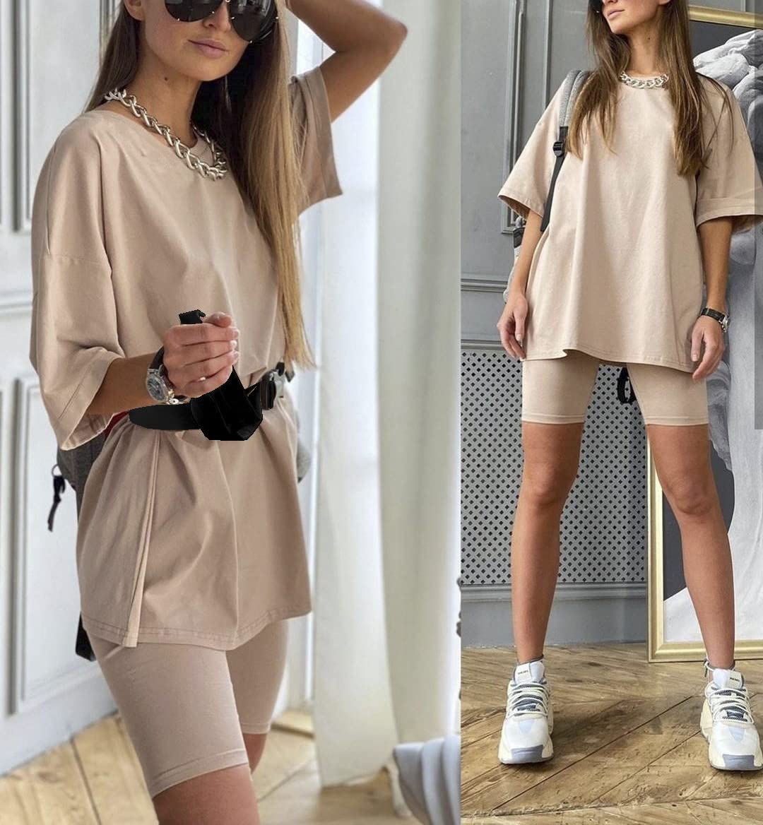 Glamaker Women 2 Piece Outfit sets Casual Oversized T-Shirt Tops Biker Shorts Workout Sports Tracksuit