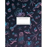 Sea Life Animals Pattern Purple: Ocean Notebook College Ruled With Octopus, Sea Horse, Sea Turtle, Squid And Jellyfish 8.5x11