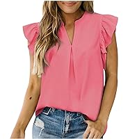 Women V Neck Sleeveless Tops Ruffle Cap Sleeve Blouses 2024 Summer Cute Tank Top Loose Casual Plain T-Shirt Vest