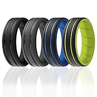ROQ Silicone Rubber Wedding Ring for Men, Comfort Fit, Men's Wedding & Engagement Band, 8mm Wide 2mm Thick, 2 Thin Lines Beveled Edge Duo, 4 Pack, Grey, Black, Light Blue, Yellow Green, Size 14