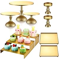 Metal Cake Stands Set (10 Pcs), Gold, Includes 3 Round & 3 Rectangular Risers, 2 Square Serving Trays, 2 Mini Cupcake Stands, for Wedding, Birthday, Baby Shower, Tea Party