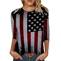 GRASWE Womens American Flag Crew Neck Sweatshirt Independence Day Star Stripe Graphic Shirt Patriotic 3/4 Sleeve Tops