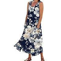 Spring Dresses for Women 2024 Spring Summer Beach Casual Dresses Linen Plus Size Loose V Neck Flowy Maxi Dresses with Pockets