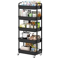 Sywhitta 5-Tier Plastic Rolling Utility Cart with Handle, Multi-Functional Storage Trolley for Office, Living Room, Kitchen, Movable Storage Organizer with Wheels, Black