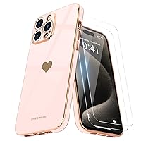 Teageo for iPhone 15 Pro Case with Screen Protector [2 Pack] Girl Women Cute Girly Love-Heart Luxury Gold Soft Cover Camera Protection Silicone Shockproof Phone Case for iPhone 15 Pro, Light Pink
