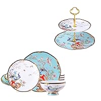 ACMLIFE Bone China Dinnerware Set 12 Pieces and 2-Tier Afternoon Tea Stand Porcelain Serving Stand Cupcake Stand Vintage Floral 2-Tier Tray Stand