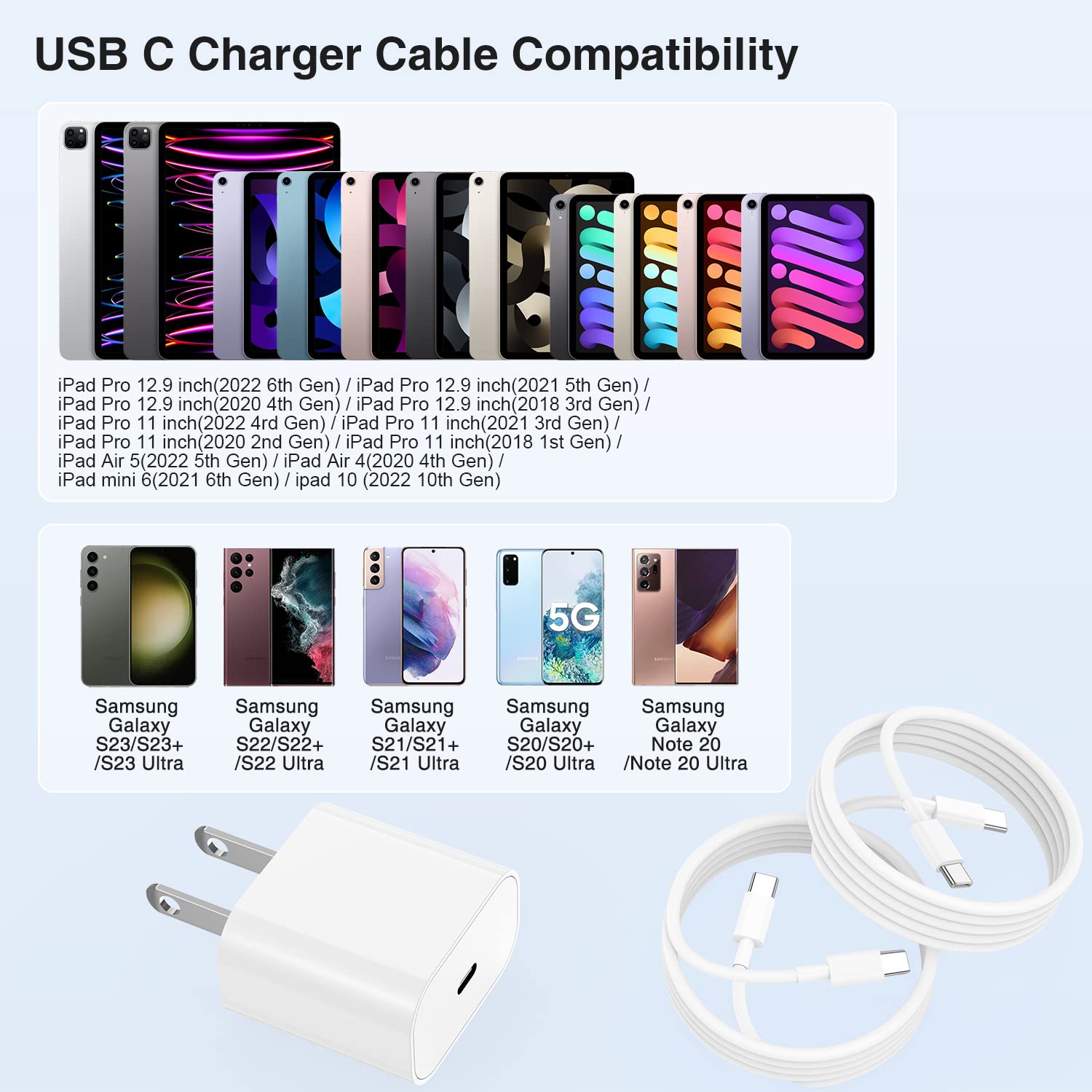 iPad Pro Charger Fast Charging,[Apple Certified]2Pack 10ft iPad Charger Cord Cable with USB C Block Plug for iPad Pro 2022/2021/2020/2018 12.9/11/10.9 inch,5/4/3/2/1th Generation,Air 5/4th,Mini 6 Gen