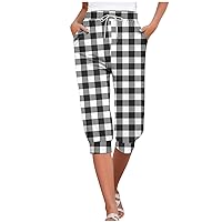 FunAloe Summer Trousers for Women UK Cropped Leggings Short Leggings Yoga Capri Trousers for Women UK Checked Cropped Joggers Elastic Waist 3/4 Shorts for Women Summer Wide Leg Pant