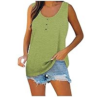 Tank Top for Women Summer Casual Button Crew Neck Solid Color Loose Fit Breathable Comfort Vest