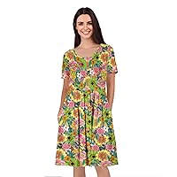 Women's Short Sleeve Empire Knee Length Dress with Pockets Yellow and Green