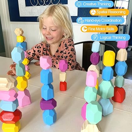 IGIVI Montessori Toddler Toys for 1 2 3 Year Old Boys Girls, 42 PCS Wooden Sorting Stacking Rocks, Preschool Learning Educational Building Blocks Toys for Ages 2-4, Christmas Birthday Gifts for Kids