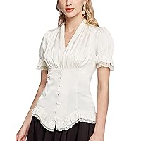 Scarlet Darkness Women Victorian Blouse Lace Up Short Sleeve Button Down Dressy Shirt