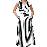 MakeMeChic Women's Striped Sleeveless Tank Dress Wrap Tie Back Collar V Neck Midi Dress with Pocket