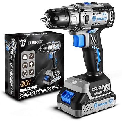 Cordless drill set, DEKO 20V Brushless Drill Driver Kit, 3/8-Inch Keyless Chuck Drill Driver, 371 In-lbs Torque, 18+1 Torque Setting, 2-Variable Speed, Power drill with 1.5A Battery