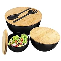 Salad Bowl with Lid, Set of 3 Large Salad Bowls with Bamboo Lids and Utensils, Reusable Bamboo Fiber Mixing Bowls with Servers for Preparing and Serving Salad, Cereal, Fruit, Veggies, Popcorn, Chips