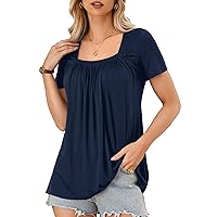 Amoretu Women Summer Tunic Tops Short Sleeve Square Neck Shirts Pleated Loose Fit Tee Blouse