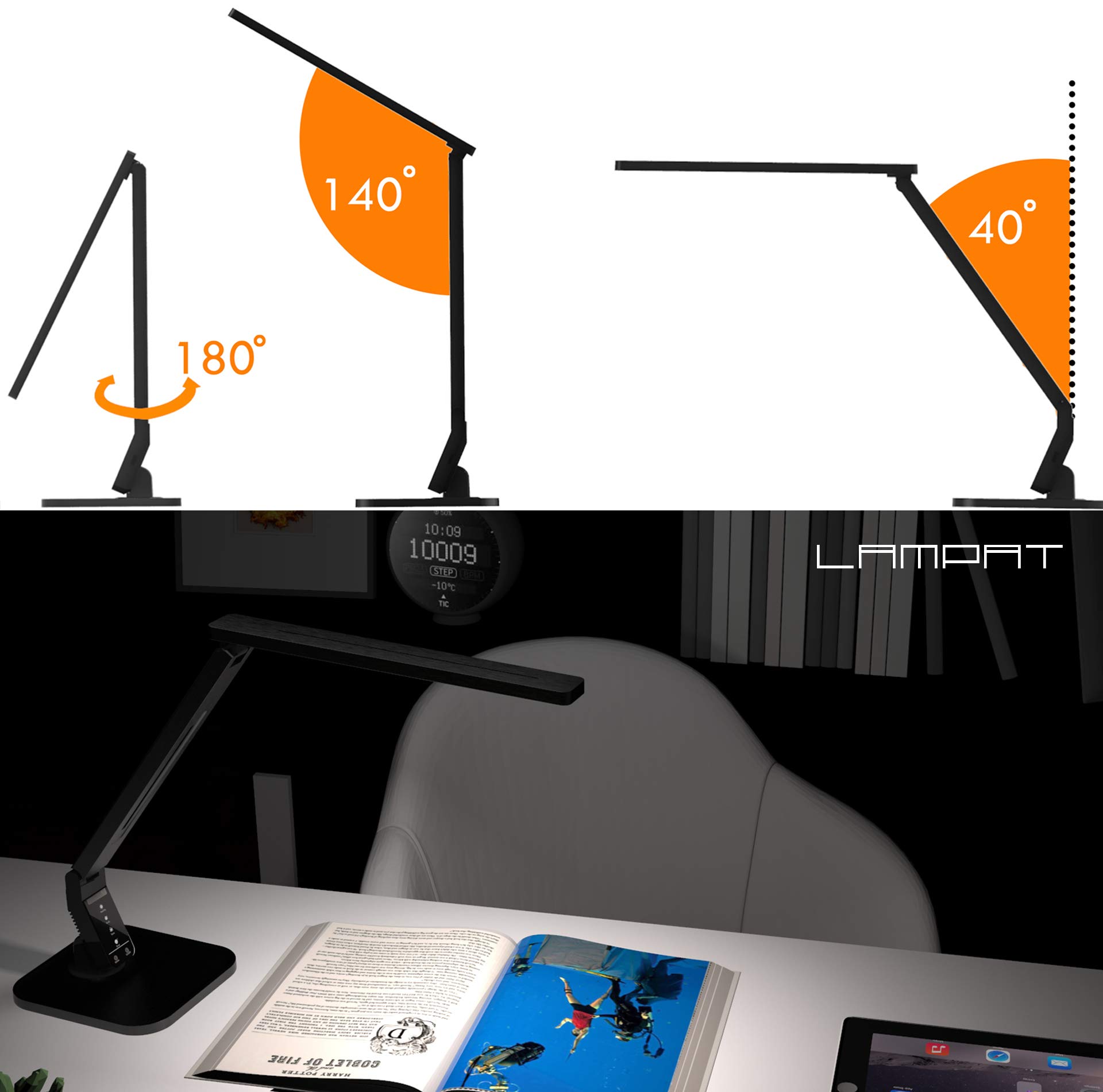 Lampat Dimmable LED Desk Lamp, 4 Lighting Modes (Reading/Studying/Relaxation/Bedtime), 5-Level Dimmer, Touch-Sensitive Control Panel, 1-Hour Auto Timer, 5V/1A USB Charging Port, Piano Black