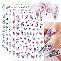 8 Sheets Butterfly Nail Art Stickers Decals 3D Self-Adhesive Butterfly Nail Decals Purple Blue Pink Flowers Butterflies Nail Design Stickers for Women Girls Flowers Butterfly Nail Decoration Set