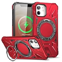 Compatible with iPhone Case 12,[Compatible with MagSafe],Built-in 2 Stand Way Rotatable Invisible Ring for Magnetic Car Mount Holder,[2 in 1]Shockproof Heavy Duty for Protective iPhone 12 Case Red