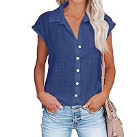 Womens Cotton Linen Shirt Short Sleeve Button Down Solid Color Top Dressy Casual Office Work Blouse