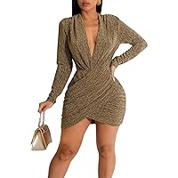 FairBeauty Women's Sexy Sparkly V Neck Long Sleeve Ruched Metallic Bodycon Club Mini Dresses