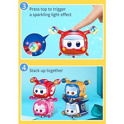 Super Wings Super Pets 4-Pack Collection Super Pets Jett, Donnie, Paul, Dizzy, Vehicle Action Figure, Superwings Transforming Plane to Robot, Gifts for Kids Aged 3 and Up, Light Effect