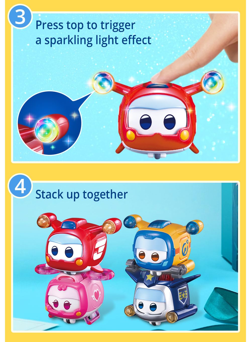 Super Wings Super Pets 4-Pack Collection Super Pets Jett, Donnie, Paul, Dizzy, Vehicle Action Figure, Superwings Transforming Plane to Robot, Gifts for Kids Aged 3 and Up, Light Effect