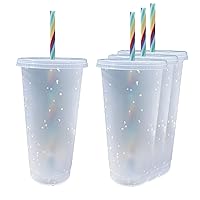 24 oz Reusable Color Changing Rainbow Cup with Rainbow Straw and Lid 4 Pack,Multicolor