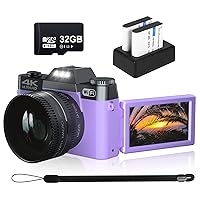 VJIANGER 4K Digital Camera 48MP Vlogging Camera for YouTube with 3.0’’ 180° Flip Screen, WiFi, 16X Digital Zoom, 52MM Wide Angle & Macro Lens, 2 Rechargeable Batteries, 32GB Micro SD Card(Purple31)